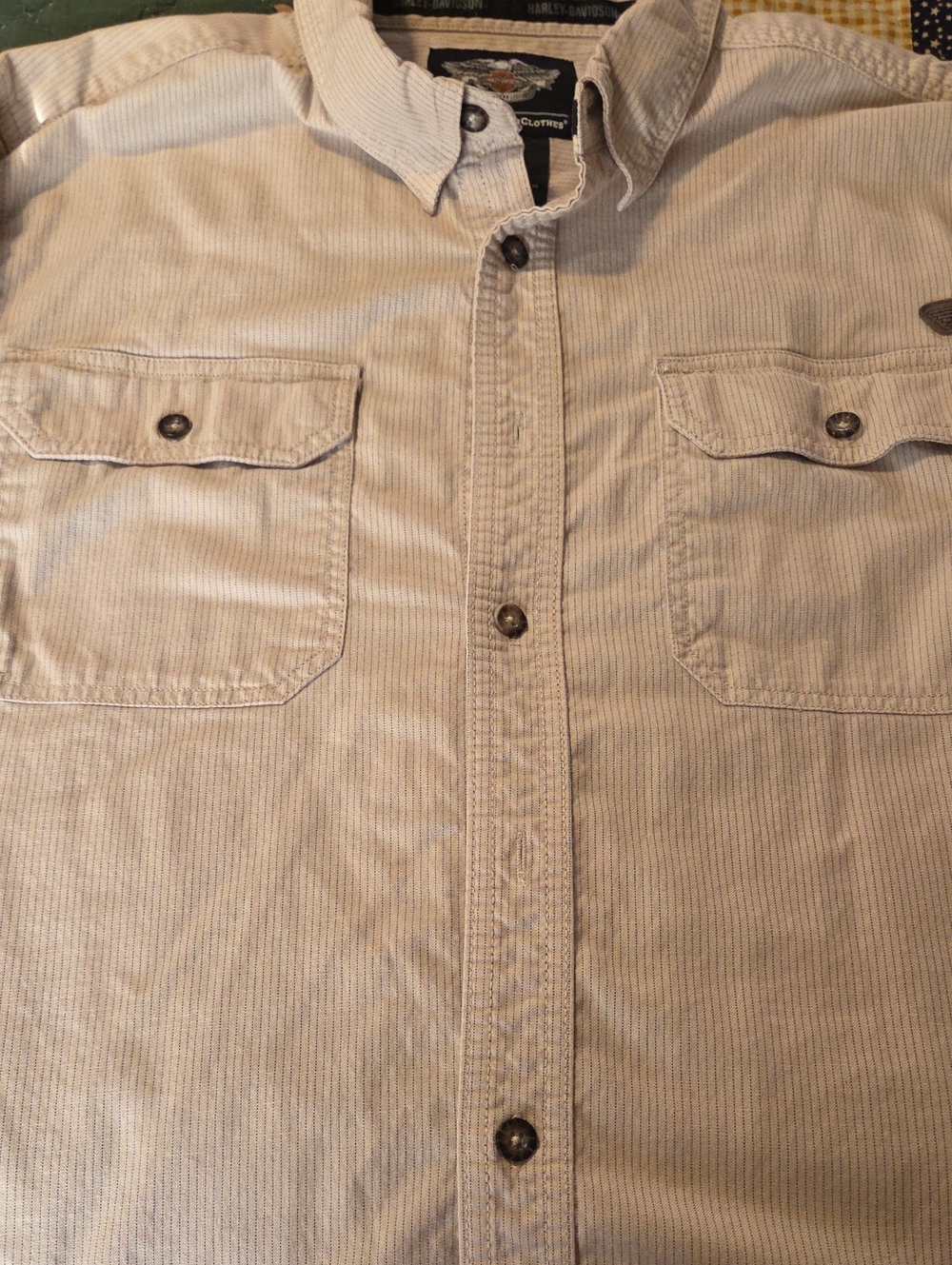 Harley-Davidson Light Tan With Blue Pin Stripes L/S Shirt.